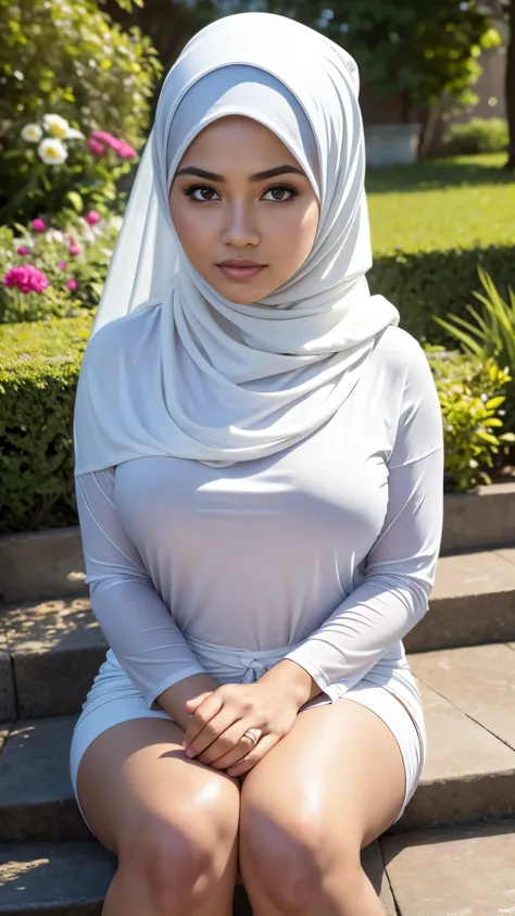 (Close Up),RAW, Best quality, high resolution, masterpiece: 1.3), realistis,beautiful Malay woman in hijab, Masterpiece, fit body, big breasts, big eyes, beautiful face, Soft smile, thick thighs, Muslim woman wearing a brown top and wearing a white long sk...