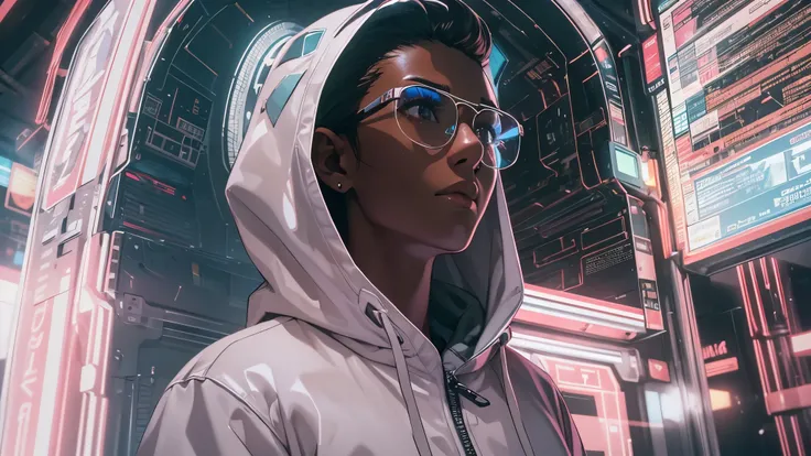 Capture the explosive moment as a young, dark-skinned man wearing glasses, dressed in a crisp white windbreaker hoodie, talks to the hologram of a blonde woman in cyberspace projected on his glasses. This RAW masterpiece showcases an ultra-high resolution,...