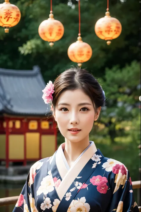 (a beauty lady, delicate lady:1.3), (30 years old), (kimono, floral kimono:1.3), very fine eye definition, (symmetrical eyes:1.3), (Temple, fishing bell:1.3), small breasts, brown eyes, parted bangs, brown hair, (eyes and faces with detailed:1.0), (masterp...