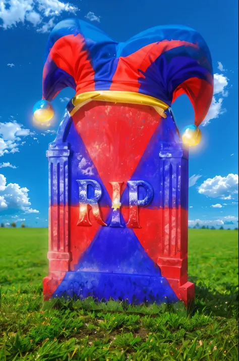 a close up of a jester hat on a tombstone in a field, rip, The image of the highest quality, ensuring every detail showcased perfectly. It in 4k resolution, allowing viewers to immerse themselves in the richness of the colors and intricate details. The rea...