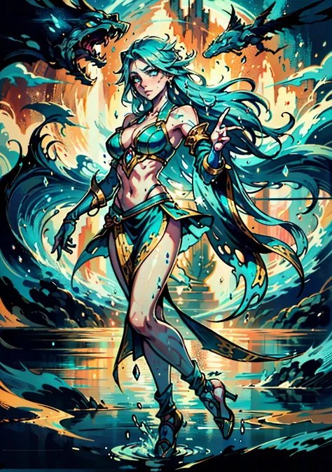 A beautiful woman with cascading waves of aqua-blue long hair, exquisite facial features, a melancholic expression, delicate and bright eyes, skin as smooth and radiant as polished jade, her slender and graceful figure dances like water splashes in the win...