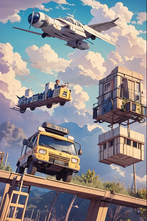 Poster, background blue sky white cloud Pixar style, 3D, an orange cute metal texture minecart flying in the air, cute children driving minecarts, cartoons cute, a lot of details, front and rear space sense is obvious, the picture should have impact