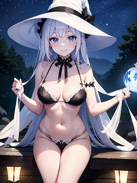 A smiling girl in an illuminated open-air bath at night、Woman wearing a large black witch hat with sapphire accessories、She is wearing a white bra with a ribbon、White string panties、white underwear、White sexy lingerie、Black sneakers with white shoelaces、