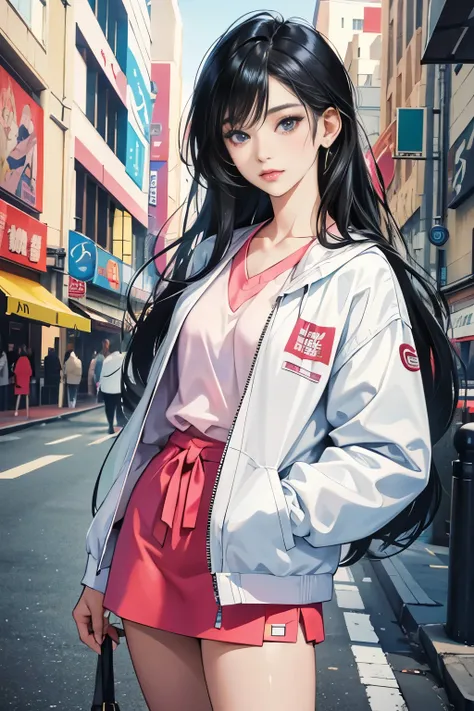 very colorful, pop feel, summer image, older woman with long black hair, Around 25 years old, Wearing a white jacket, perfect tall model body, cool beauty, it will happen, Love at first sight, first love, Anime drawing by Yang J, Trending at Art Station, r...