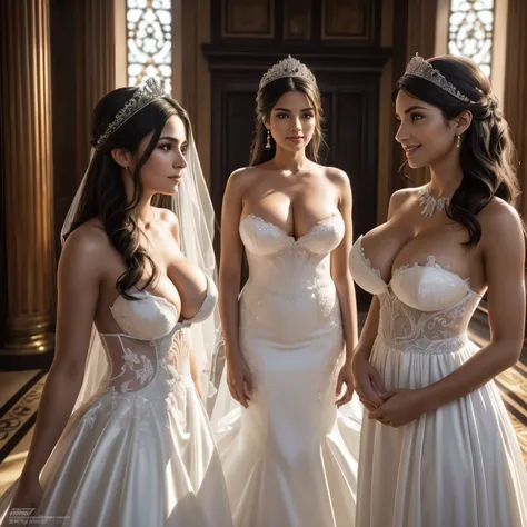 (Isabela Merced in a white:1.1, wedding dress), with bridesmaids in black dresses:1.2, tiara, (big breasts:1.5), (topless:1.2), naughty, smiling, Real Life, full bodyshot, Ultra Realistic, Photorealism, Photography, 8K UHD, Photo, HDR, Complex and Elegant,...