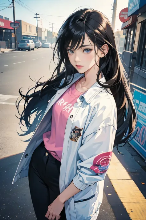 very colorful, pop feel, summer image, older woman with long black hair, Around 25 years old, seaside, Wearing a white jacket, black pants, perfect tall model body,mysterious, cool beauty, it will happen, Anime drawing by Yang J, Trending at Art Station, r...