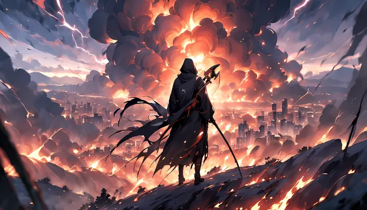 Person on a hill watching a city on fire during a lightning storm as the reaper with his scythe descends from the skies, masterpiece, best quality, rating: general, cinematic