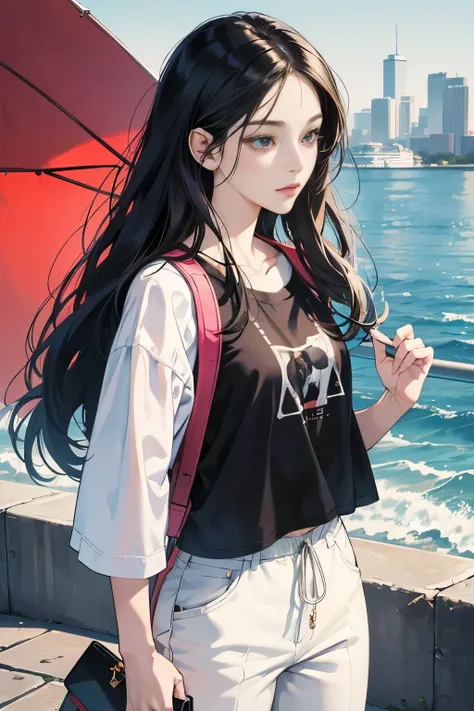 very colorful, pop feel, summer image, older woman with long black hair, Around 25 years old, seaside, wearing a white jabblebon, black pants, perfect tall model body,mysterious, cool beauty, it will happen, Sparkling summer memories, Anime drawing by Yang...