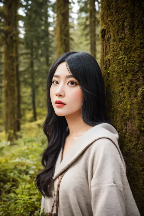 cosplay,,plump body,cute face,beautiful face,double eyelid,long hair,black hair,black eye,Mountain,forest,retro artstyle,Mysterious,high quality,realistic,Beautiful woman,gravure,adult woman,Snazzy,Fashion Model,Japanese