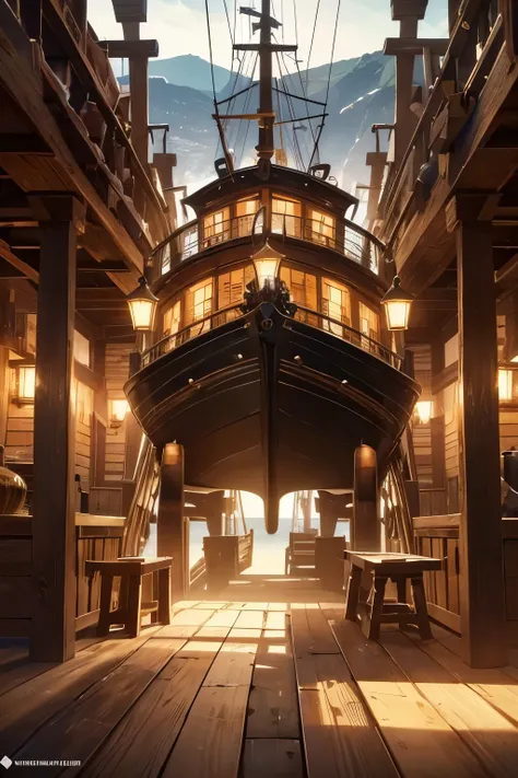 (Best quality: 1.2, 4K, 8K, high-resolution, masterpiece: 1.2), ultra-detailed, (realistic, photorealistic, photo-realistic: 1.37), pirate ship interior bathed in moonlight,

Creaky wooden planks underfoot, shimmering lantern lights casting long shadows, t...