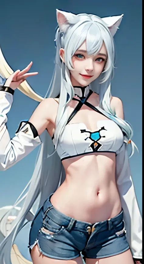 young girl, long white hair, cat ears, heterochromia, Left eye is yellow、Right eye is blue, Tight turquoise top, No sleeve, shorts, open belly, white pattern on clothes, grin, dagger, masterpiece, high quality