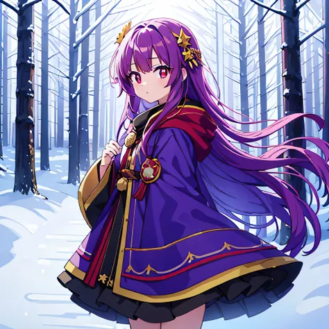 cute anime girl, purple long hair, snow, Red eyes, background of snowy forest, the girl stands in the center and looks at the viewer, Ancient clothing, blue cloak with gold lines around the edges , walking along a forest path