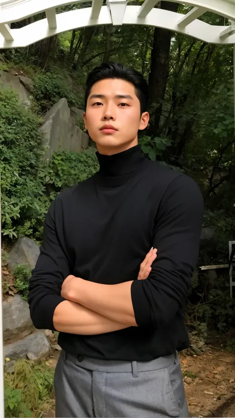 wired man in black sweater with turtleneck under a white pergola, siWoo Kim, Wonbin Lee, homem sul-coreano, um homem bonito，cabelo curto preto, artista coreano, taken at the beginning of 2020, Shin Jeongho, Seseon Yoon, hyung tae, 15h, Woo Kim, hyung tae k...