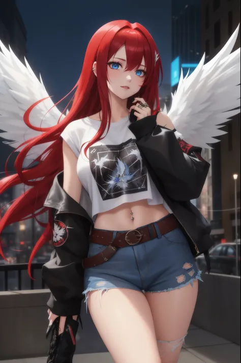 An archangel with long red hair cascading down to her waist and piercing blue eyes dons grunge clothes reminiscent of the 1990s. Her tattered denim jacket, adorned with faded band logos, is thrown over a baggy white t-shirt. The hem of her ripped jeans exp...