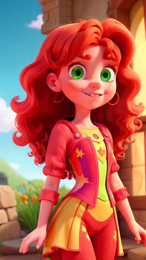 Generate an image of Isabella, the younger sister. She has red curls, bright green eyes, and wears colorful attire reflecting her optimistic nature. Highlight her magical connection, showing her interacting with magical beings.