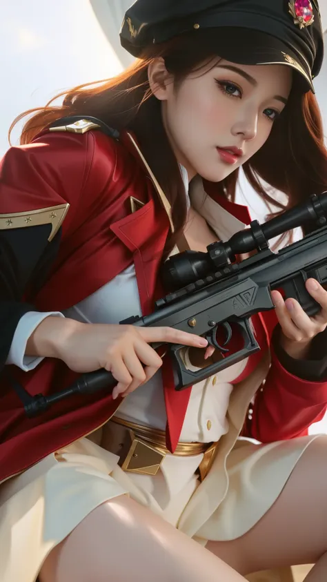 a close up of a woman in a red coat holding a rifle, miss fortune league of legends, miss fortune, extremely detailed artgerm, artgerm detailed, cushart krenz key art feminine, style artgerm, range murata and artgerm, artgerm. high detail, ig model | artge...