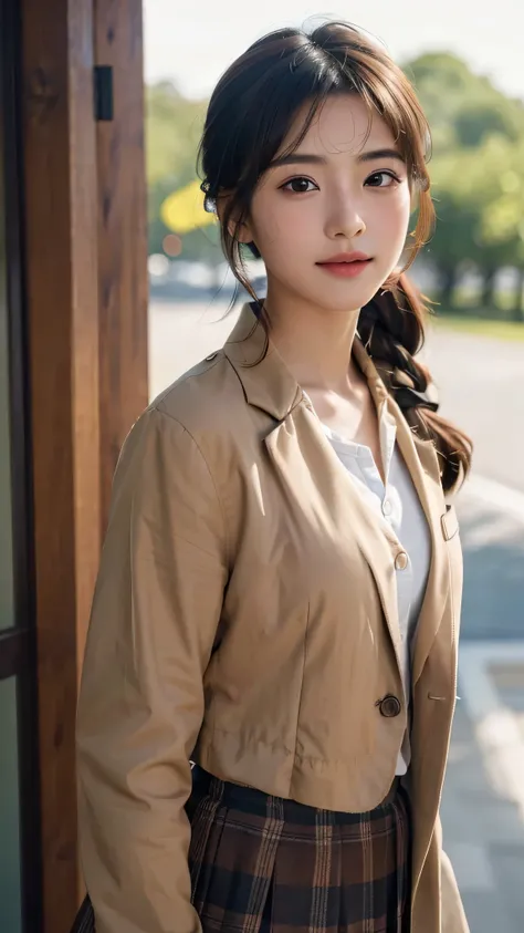 Uniforms for Japanese High School Students,brown blazer,brown ribbon on chest,fully body photo,masutepiece, The highest image quality, High quality, the background is clear，Beautiful woman, Japanese, Detailed, Detailed eyes, Detailed skin, Beautiful skin, ...