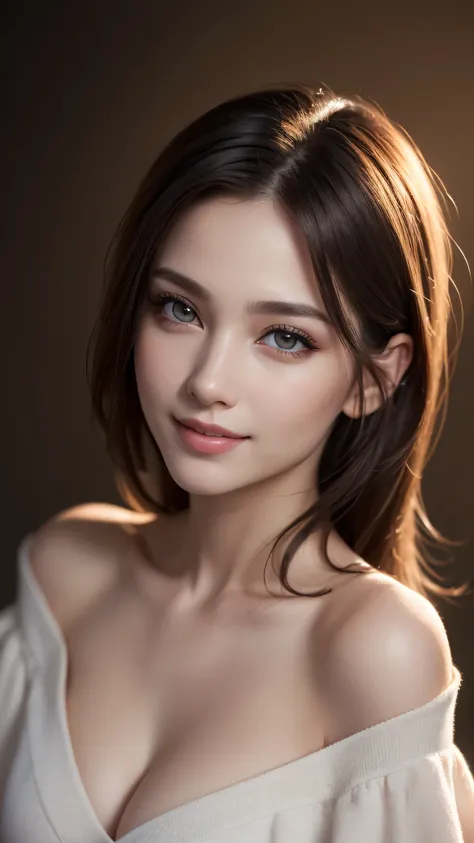 1woman, (Ultra realistic, high res), (highly detailed eyes, highly detailed hair, highly detailed face, highly detailed plump lips), (off shoulder with open breasts), upper body, caute smile, (best quality:1.4), Raw photo, (realistic, photo-realistic:1.37)...