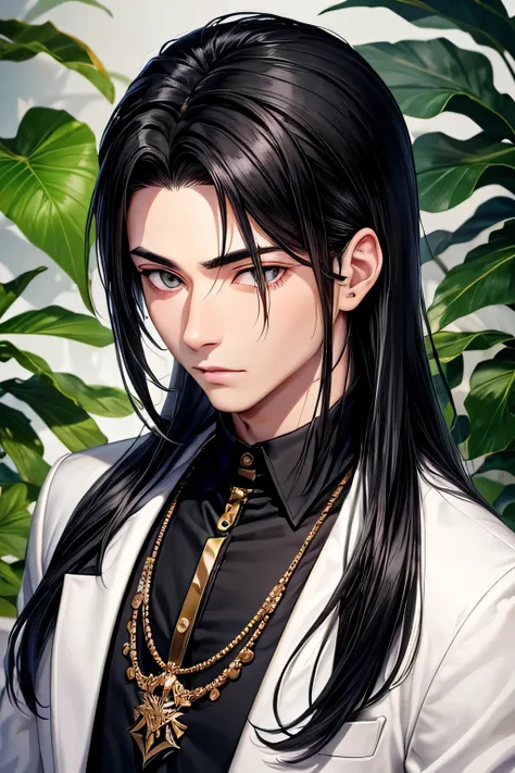 make the design of a man with black hair and white spots in his hair, tiene el cabello de un largo mediano y suele usar ropa, su mierada es algo dulce pero cansada y su vestimenta es de color blanco y negro