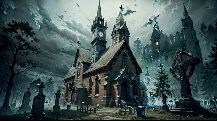 there is a church in the middle of a graveyard with a clock tower, horror game graphics, eerie nostalgic concept art, graveyard background, misty ghost town, eerie highly detailed, horror video game, abandoned graveyard, dark graveyard scene, foggy dark gr...