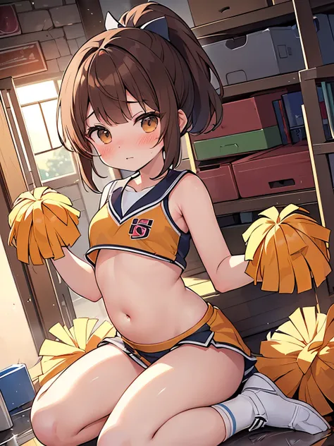 {{{masterpiece}}}, {{{best quality}}},  , {NSFW:1.2},、(Crouching、wariza))、Teenager woman、(18-year-old、brown hair、ponytail、cheerleader、cheerleader、belly button、side、steam、blush:1.5)）high quality、、With background((locker room、Lights went out、storeroom、puddle...