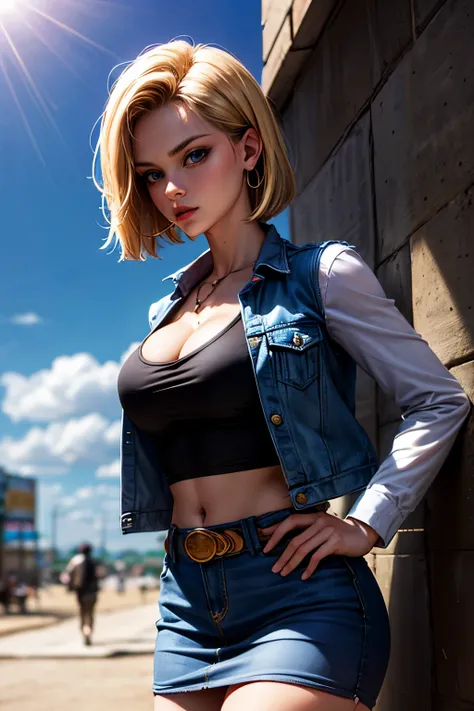 android 18, android 18, blonde hair, blue eyes, eyelash, hoop earrings, short hair, earrings, break belt, black legwear, black shirt, breast pocket, cleavage, clavicle, denim, denim skirt, high-waist skirt, jewelry, long sleeve, pocket, shirt, shirt tucked...