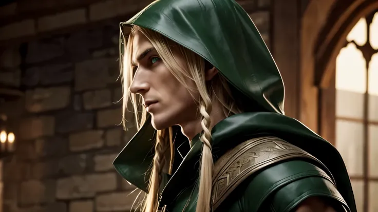 male elf, detailed elf ears, skinny, toned muscles, green leather cape, green leather hood, black leather robe, long braided blonde hair, 