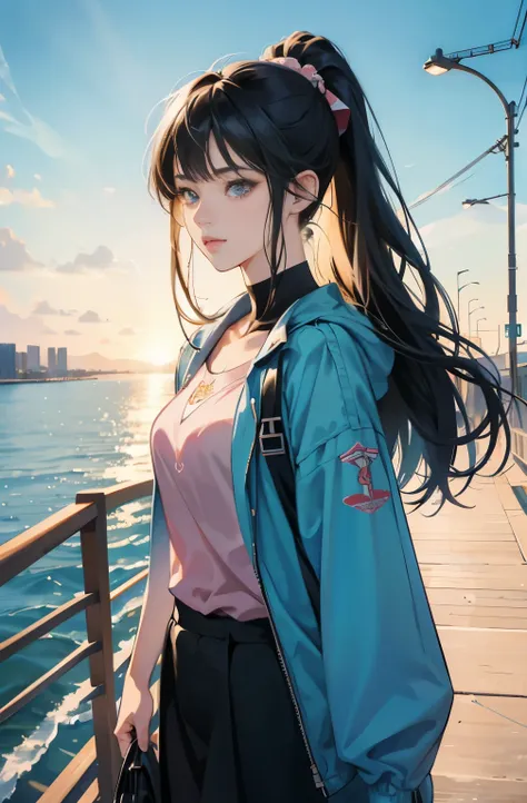 woman with long black hair ponytail, Anime drawing by Yang J, pixiv, serial art, anime style 4 k, anime style. 8K, Gwaites style artwork, Realistic anime 3d style, anime style illustration, high quality anime art style, digital anime illustration, realisti...