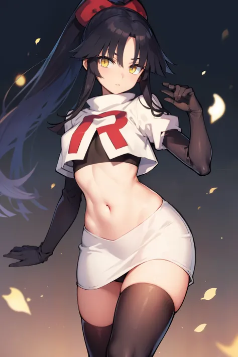 danzoukatou, danzou katou, android, black hair, long hair, ponytail, (yellow eyes:1.5),
BREAK team rocket,team rocket uniform,white skirt,red letter R,crop top,black thigh-highs,black elbow gloves, 
BREAK looking at viewer,
BREAK (masterpiece:1.2), best qu...