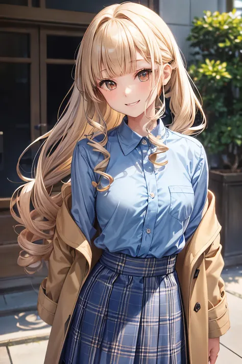 A 22 years old university student Japanese girl ((slender, small breast)), beige curly ponytail (( very short, mekakure extra long blunt bangs:1.4, slender smooth curly hair )), monotone very long skirt, blue tartan chesterfield coat, T-shirt ((blue, gradi...