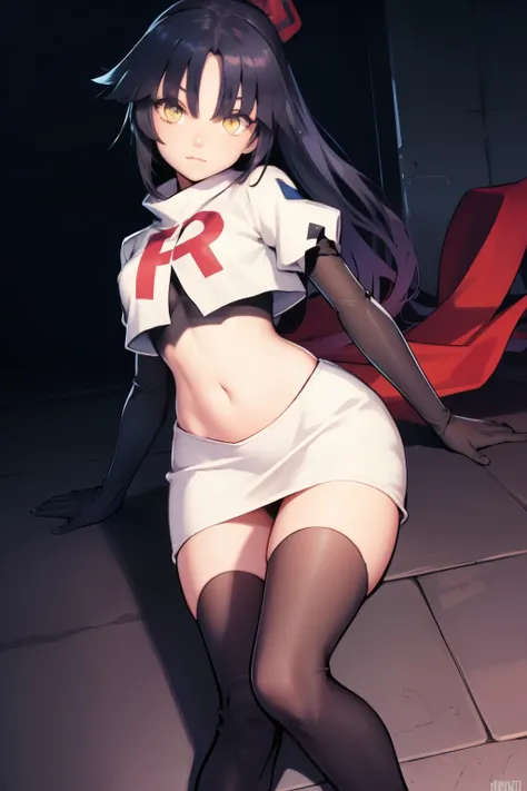 danzoukatou, danzou katou, android, black hair, long hair, ponytail, (yellow eyes:1.5),
BREAK team rocket,team rocket uniform,white skirt,red letter R,crop top,black thigh-highs,black elbow gloves, 
BREAK looking at viewer,
BREAK (masterpiece:1.2), best qu...