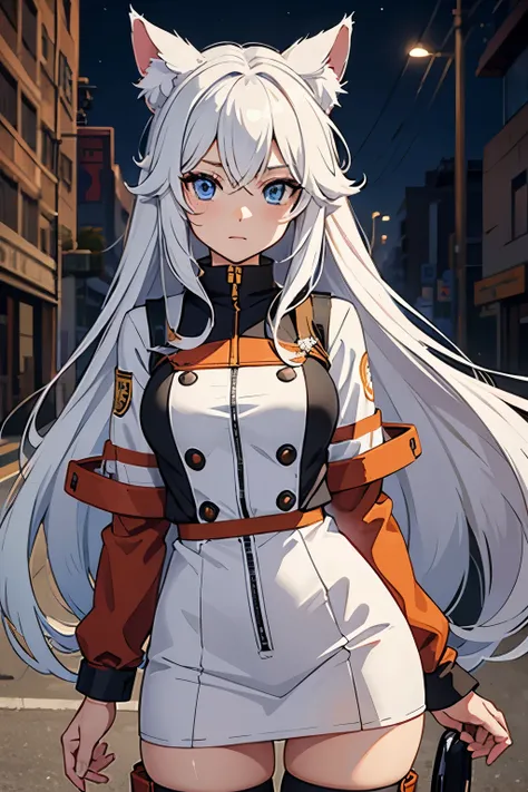 cute cat girl long white hair in a engineer costume anime art