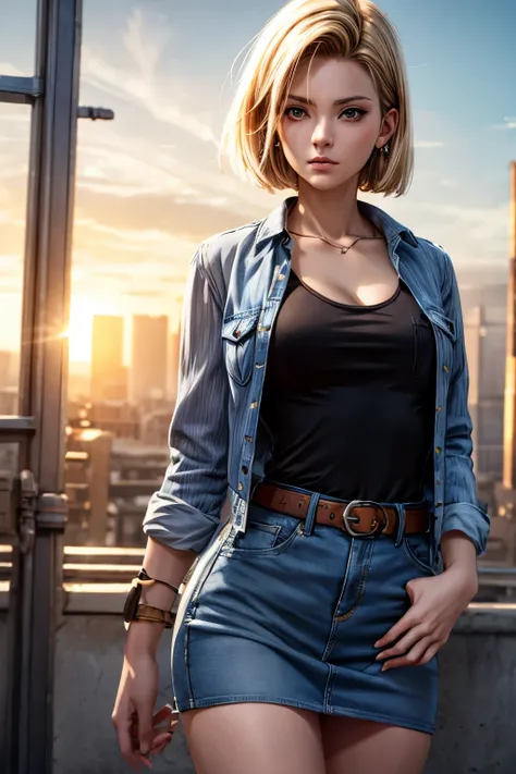 android 18, android 18, blonde hair, blue eyes, eyelash, hoop earrings, short hair, earrings, break belt, black legwear, black shirt, breast pocket, cleavage, clavicle, denim, denim skirt, high-waist skirt, jewelry, long sleeve, pocket, shirt, shirt tucked...