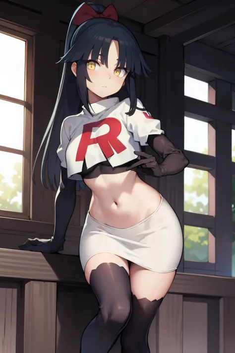 danzoukatou, danzou katou, android, black hair, long hair, ponytail, (yellow eyes:1.5),
BREAK team rocket,team rocket uniform,white skirt,red letter R,crop top,black thigh-highs,black elbow gloves, 
BREAK looking at viewer,
BREAK (masterpiece:1.2), best qu...