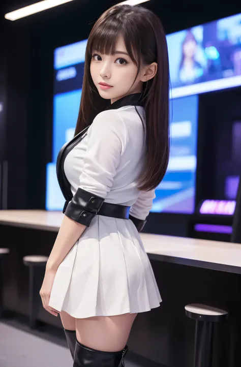 masterpiece, Best Quality, Extremely detailed, (Photorealistic:1.4), (8K, 4K, Best Quality, hight resolution, 超A high resolution:1.1), 8K portrait,Japaese Girl,Plump , announcer,control panels,Blunt bangs,long boots,mini skirt,She is in exhibition hall,pro...