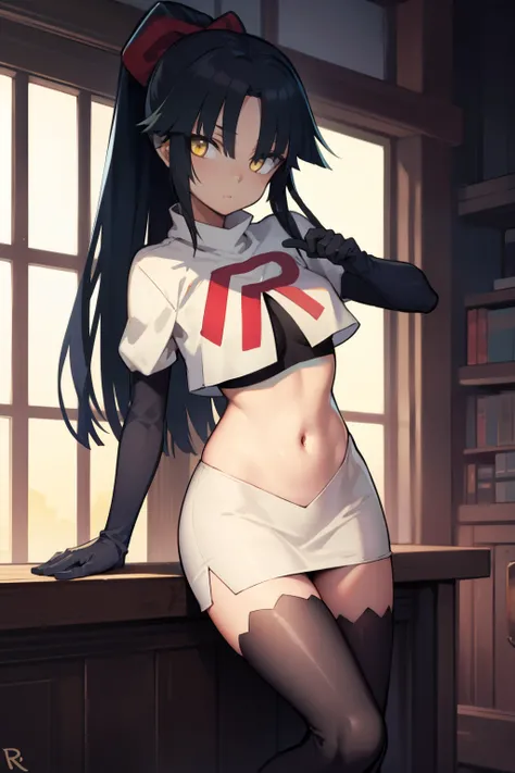danzoukatou, danzou katou, android, black hair, long hair, ponytail, (yellow eyes:1.5),
BREAK team rocket,team rocket uniform,white skirt,red letter R,crop top,black thigh-highs,black elbow gloves, 
BREAK looking at viewer,
BREAK (masterpiece:1.2), best qu...