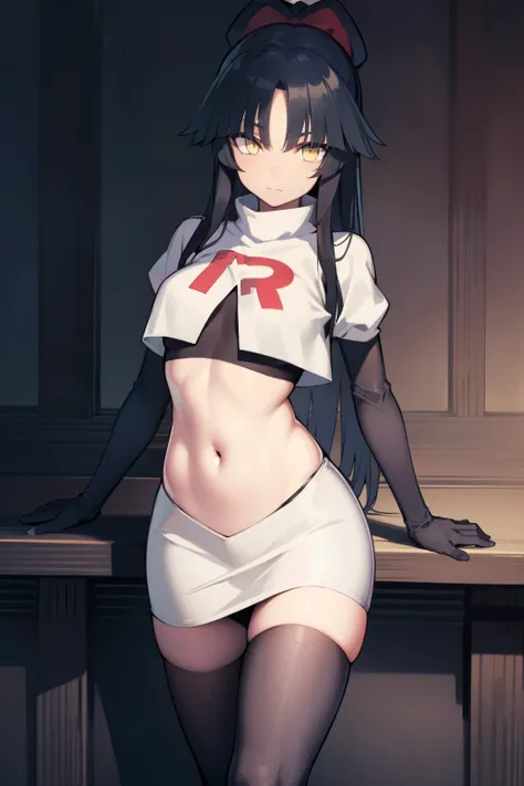 danzoukatou, danzou katou, android, black hair, long hair, ponytail, (yellow eyes:1.5),
BREAK team rocket,team rocket uniform,white skirt,red letter R,crop top,black thigh-highs,black elbow gloves, 
BREAK looking at viewer,
BREAK (masterpiece:1.2), best qu...