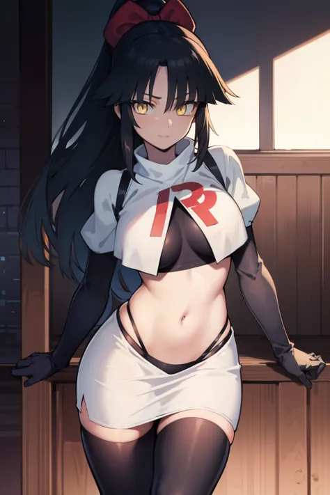 danzoukatou, danzou katou, android, black hair, long hair, ponytail, (yellow eyes:1.5),
BREAK team rocket,team rocket uniform,white skirt,red letter R,crop top,black thigh-highs,black elbow gloves, 
BREAK looking at viewer,
BREAK (masterpiece:1.2), best qu...