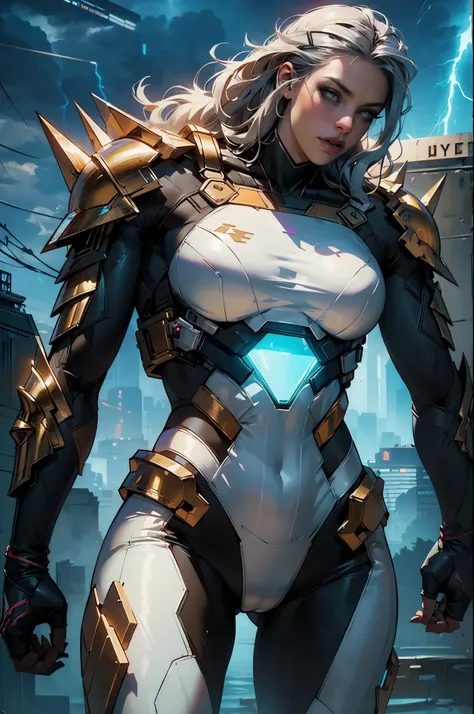 (Photorealistic:1.4) image of a cyber punk Teagan Presley (raising the huge hammer high like it was Thors) (top-quality, 8K, 32K, masterpiece), (dynamic pose), ((facing camera)), (looking at camera), cowboy shot, shapeless hair, white cyberpunk swinsuit ar...