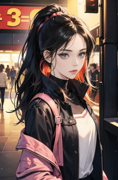 Beautiful woman with long black ponytail, Anime drawing by Yang J, pixiv, serial art, anime style 4 k, anime style. 8K, Gwaites style artwork, Realistic anime 3d style, anime style illustration, high quality anime art style, digital anime illustration, rea...