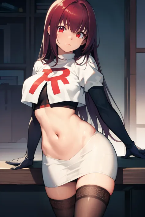 scathach, scathach, long hair, purple hair, (red eyes:1.5),
BREAK team rocket,team rocket uniform,white skirt,red letter R,crop top,black thigh-highs,black elbow gloves
BREAK looking at viewer, 
BREAK (masterpiece:1.2), best quality, high resolution, unity...