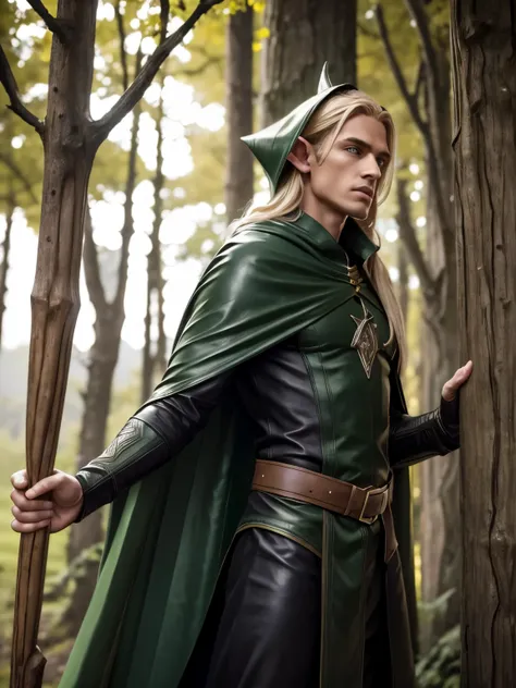 male elf, detailed elf ears, skinny, toned muscles, long braided blonde hair, green leather cape, green leather hood, black leather robe, full body view, vertical oak staff, 