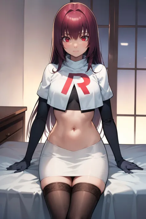 scathach, scathach, long hair, purple hair, (red eyes:1.5),
break team rocket,team rocket uniform,white skirt,red letter r,crop ...