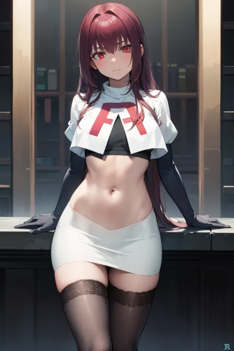 scathach, scathach, long hair, purple hair, (red eyes:1.5),
break team rocket,team rocket uniform,white skirt,red letter r,crop ...