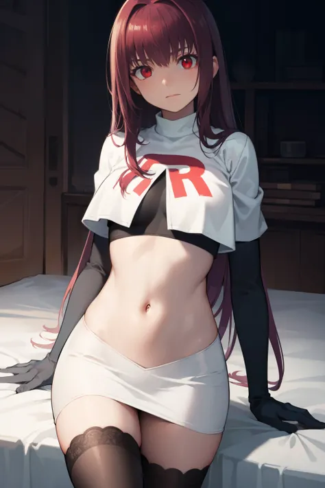 scathach, scathach, long hair, purple hair, (red eyes:1.5),
BREAK team rocket,team rocket uniform,white skirt,red letter R,crop top,black thigh-highs,black elbow gloves
BREAK looking at viewer, 
BREAK (masterpiece:1.2), best quality, high resolution, unity...