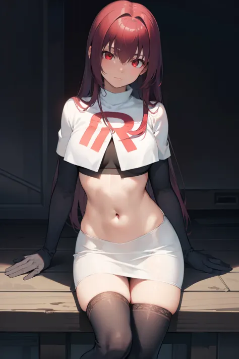 scathach, scathach, long hair, purple hair, (red eyes:1.5),
BREAK team rocket,team rocket uniform,white skirt,red letter R,crop top,black thigh-highs,black elbow gloves
BREAK looking at viewer, 
BREAK (masterpiece:1.2), best quality, high resolution, unity...