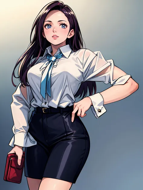 (best quality, ultra-detailed, realistic:1.37), girl in a white blouse and a black skirt with a red wallet, blouse wearing, office attire, business wear, business suit, fully clothed. Sexy illustration, shirt with a tie, business outfit, detailed digital a...