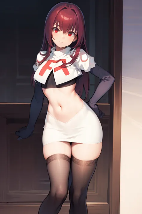 scathach, scathach, long hair, purple hair, (red eyes:1.5),
BREAK team rocket,team rocket uniform,white skirt,red letter R,crop top,black thigh-highs,black elbow gloves
BREAK looking at viewer, 
BREAK (masterpiece:1.2), best quality, high resolution, unity...