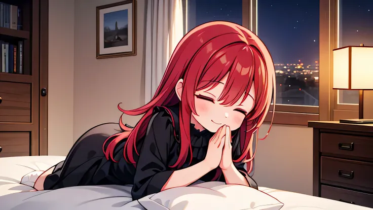 anime, (masterpiece:1.2), inside small house, night, a mature girl with long red hair and closed eyes in black dress is praying on the bed, light smile