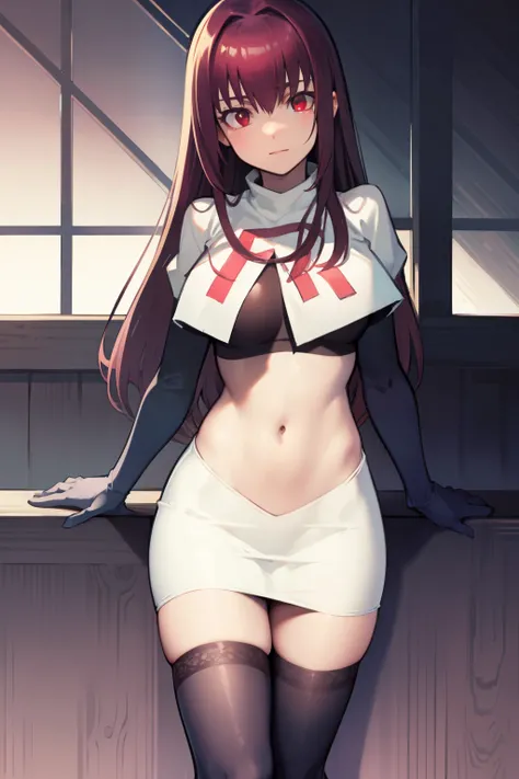 scathach, scathach, long hair, purple hair, (red eyes:1.5),
BREAK team rocket,team rocket uniform,white skirt,red letter R,crop top,black thigh-highs,black elbow gloves
BREAK looking at viewer, 
BREAK (masterpiece:1.2), best quality, high resolution, unity...